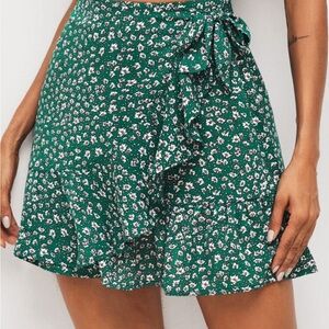 Shein Floral Green Wrap Mini Skirt